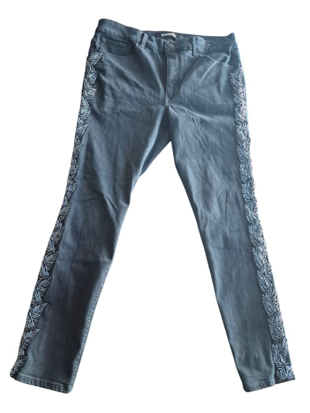 Express High-Rise Denim Legging With Beaded Side Detail Stretch Fit Size 12R Bla